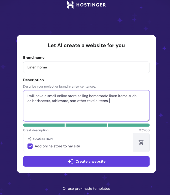 Hostinger Website Builder setup process