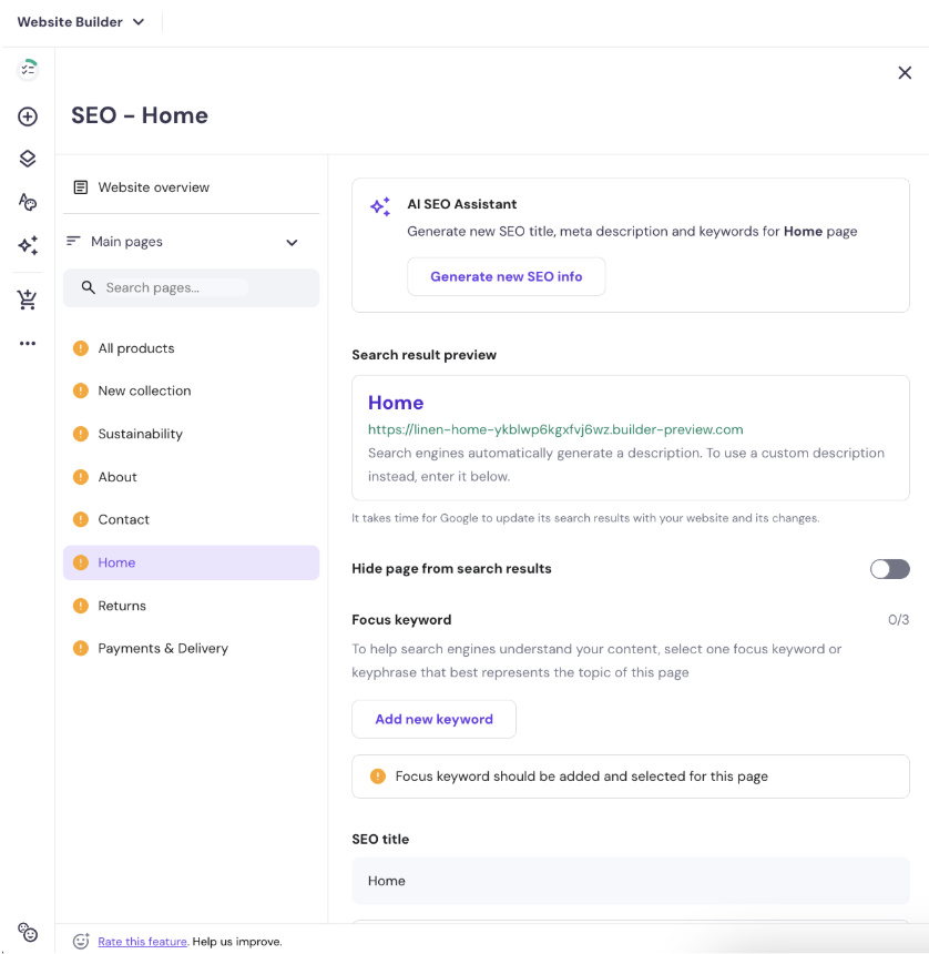 Hostinger Website Builder’s SEO settings