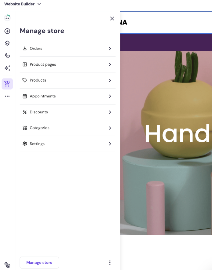 Hostinger Website Builder’s store management options in the sidebar