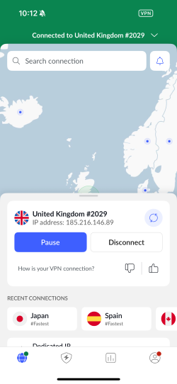 nordvpn connected to uk on apple mobile