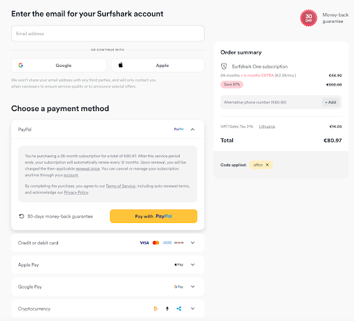 surfshark one checkout page