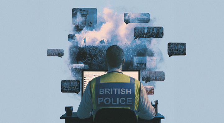 white man's back, British police reflective jacket, pictures of riots