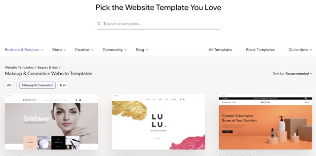 Makeup & Cosmetics Wix templates category