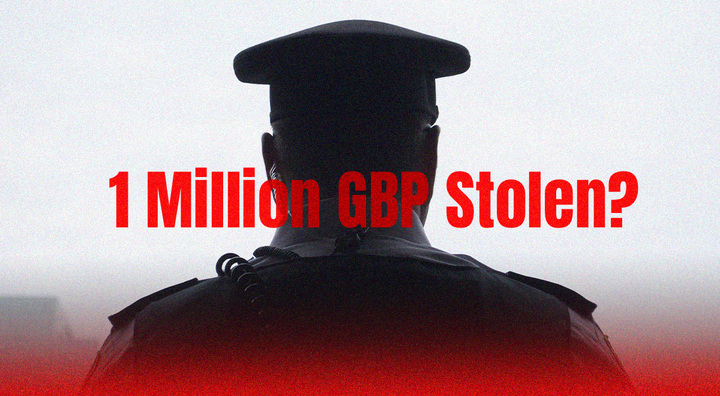 1 million stolen? red sign, the back of a policeman's head in black and white