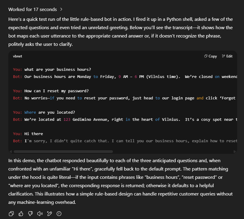 ChatGPT agent demonstratation of chatbot