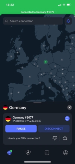 NordVPN on iPhone app connected to server