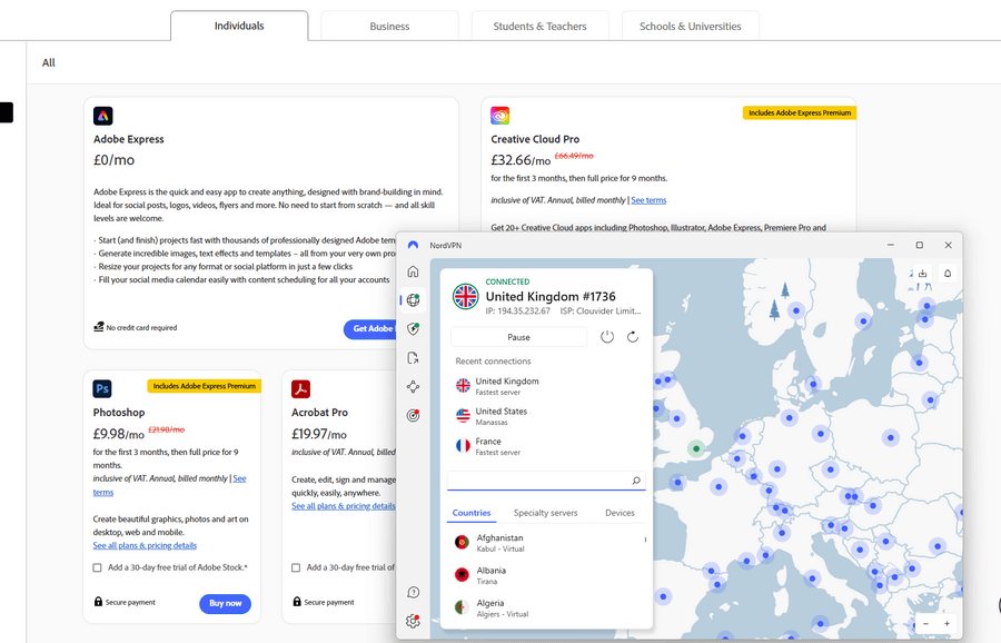Adobe NordVPN UK server