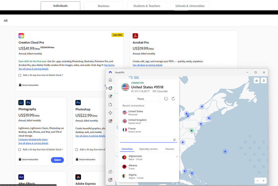 Adobe NordVPN US server