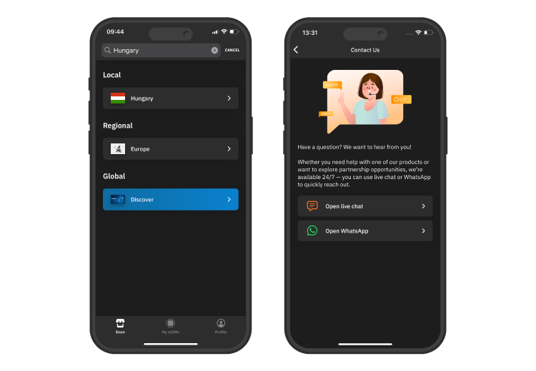Airalo countries list and customer support options for Hungary