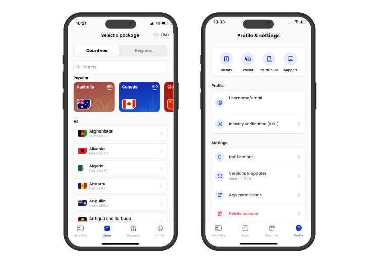 aloSIM eSIM iOS user interface