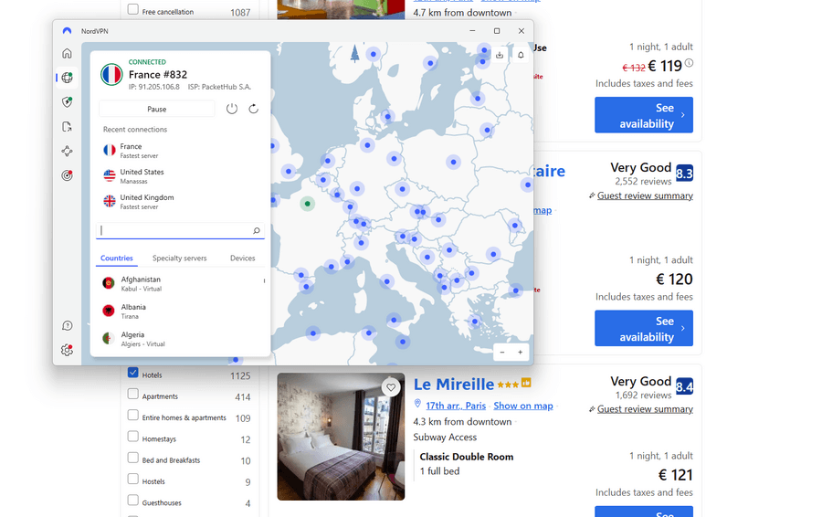 Booking NordVPN France server