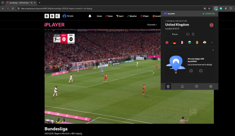 Screenshot Bundesliga Stream BBC iPlayer & NordVPN
