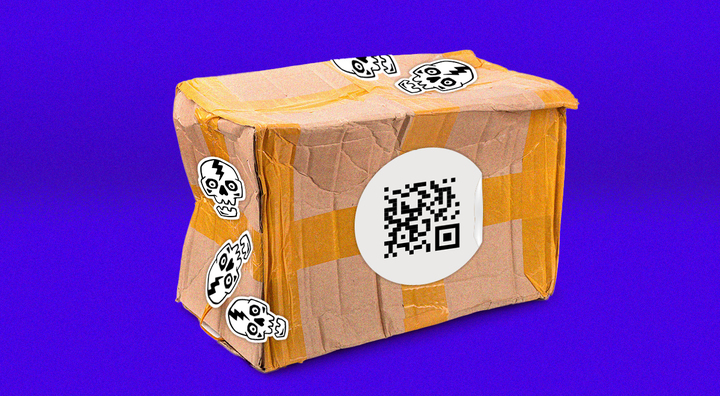 cardboard box with white broken animated sculls, qr code