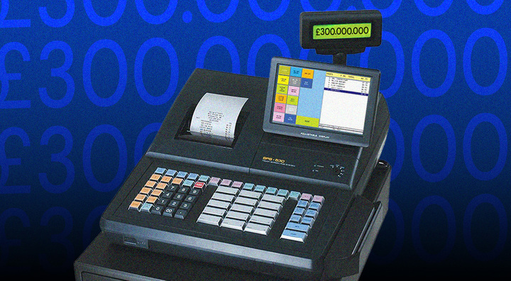 grey cash register, light grey, orange and light blue buttons, blue numbers