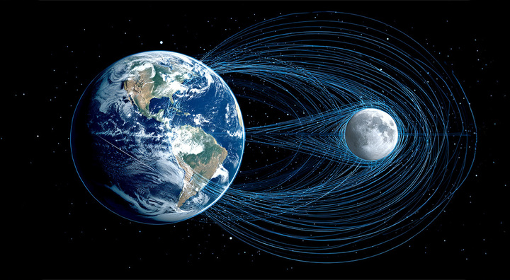 silver and light blue lines around the moon and earth