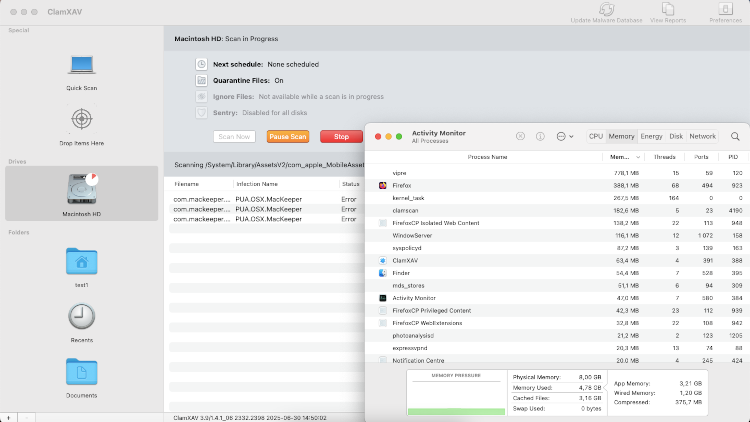 Monitoring the Mac’s performance while the ClamXAV scan is in progress