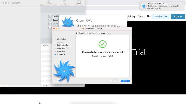 The ClamXAV installer notifying me that the installation was successful