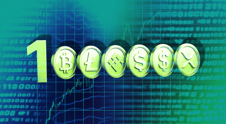 lime color crypto coins in straight horizontal line, lime color 1, blue numbers