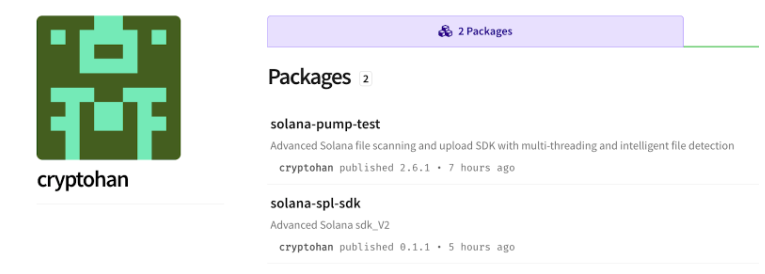 cryptohan green logo, white screen that says packages, solana-plump-test