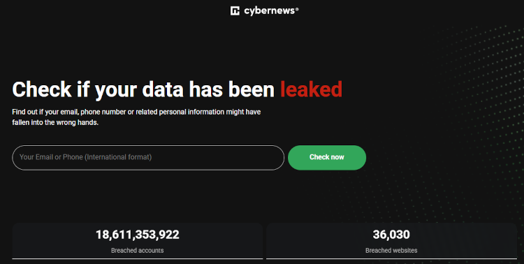 The Cybernews personal data leak checker with data from over 36000 breached websites