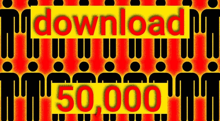 18 black men, red sign 'downloaded 50,000' in yellow background