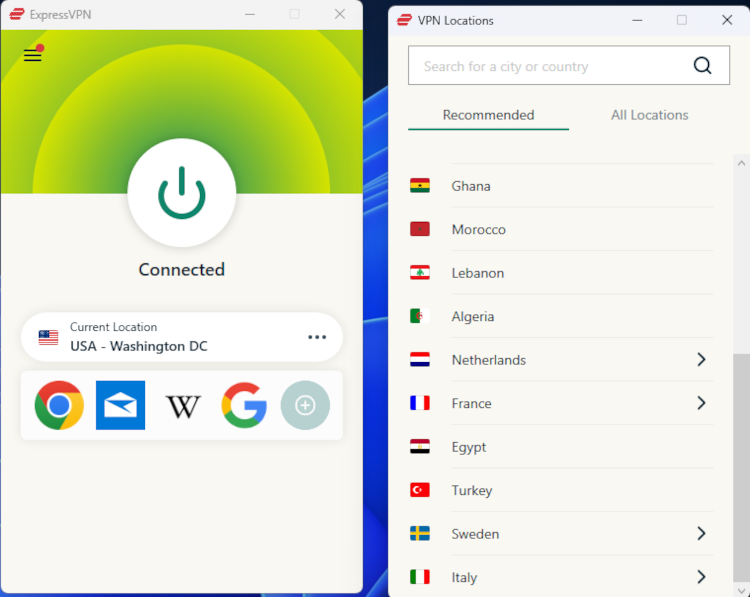 The ExpressVPN interface on its Windows app