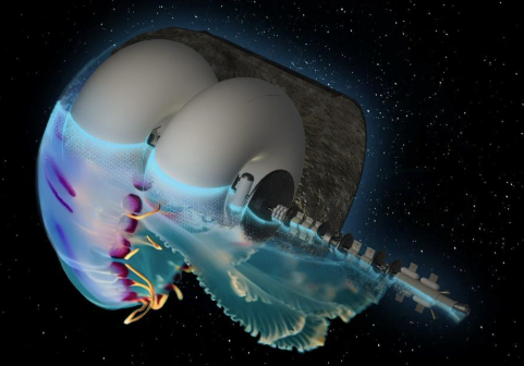 a blue and violet jelly fish floating in space, half a machine