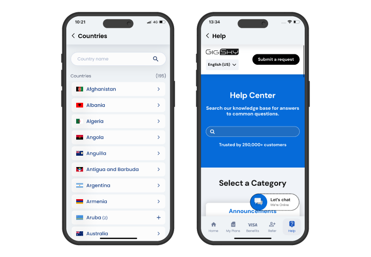 GigSky eSIM iOS user interface
