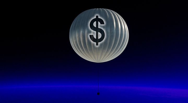 high altitude silver surveillance balloon with black dollar sign in black space over blue light