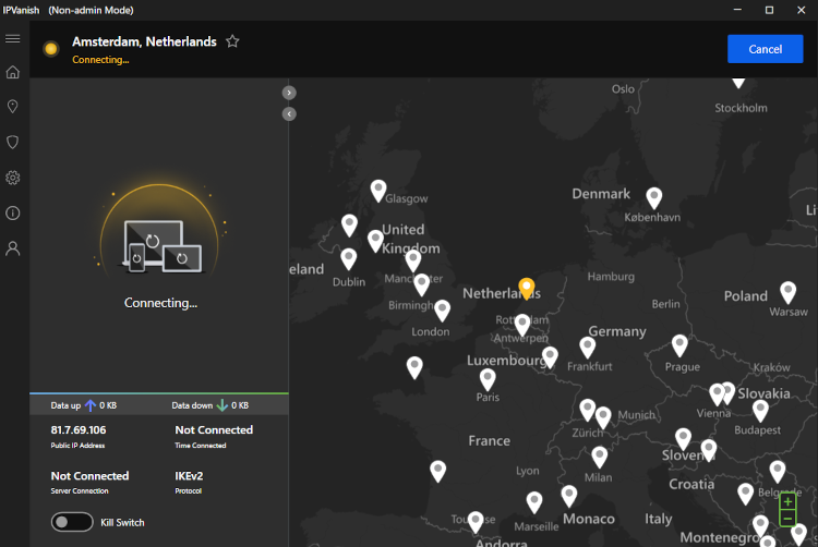 Connecting to IPVanish’s servers in the Netherlands using its desktop app