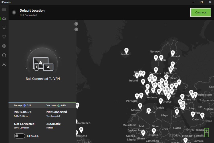 The IPVanish interface on its Windows app