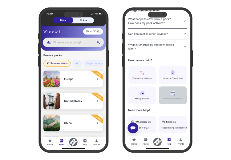 Jetpac eSIM iOS user interface