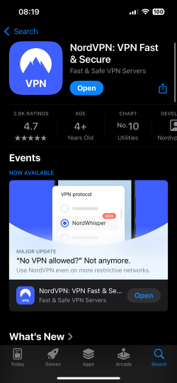 NordVPN's app on Apple's App Store