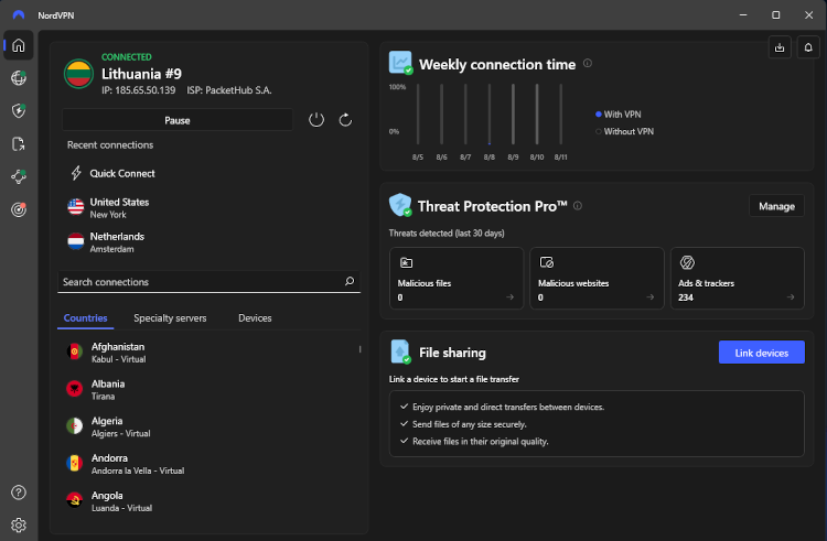 The NordVPN interface on its Windows app
