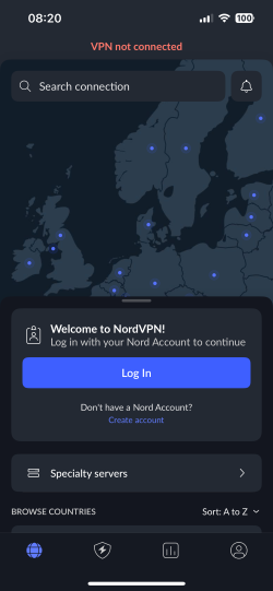 NordVPN's iPhone app login window