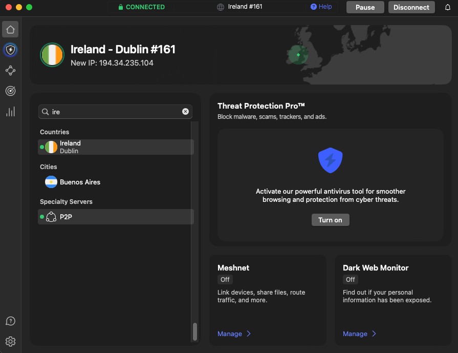 NordVPN connected to a server in Ireland