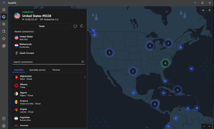 NordVPN desktop app connected to US