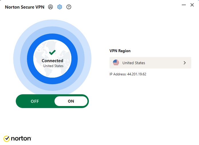 The Norton VPN interface on its Windows app