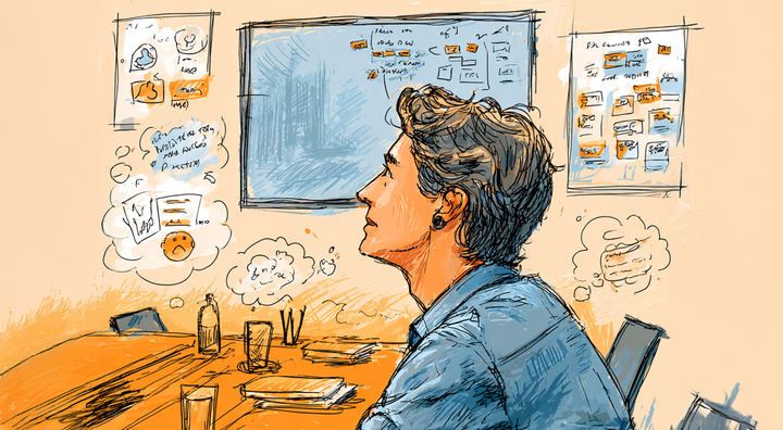 cartoon, woman is grey hair, orange desk, note boards, blue shirt