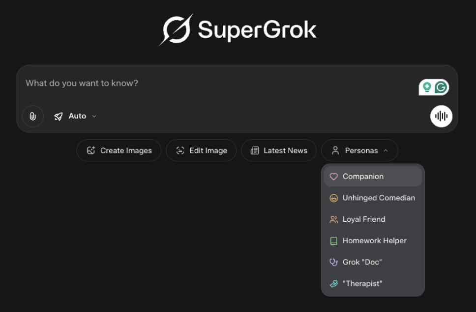 Personas picker on Grok 4