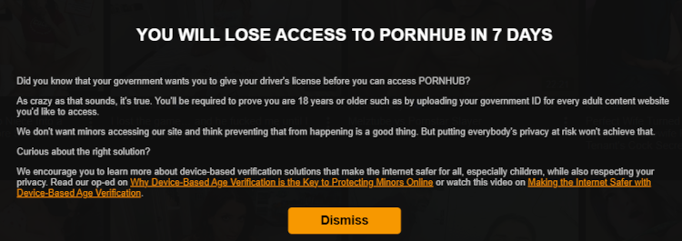 Message on PornHub about the impending age-verification checks