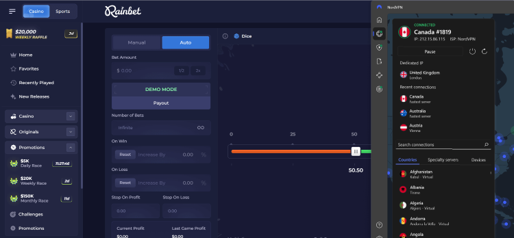 Rainbet unblocked with NordVPN
