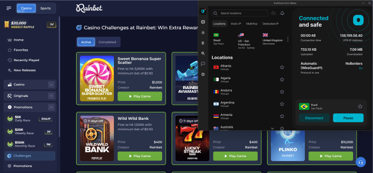 Rainbet unblocked with Surfshark