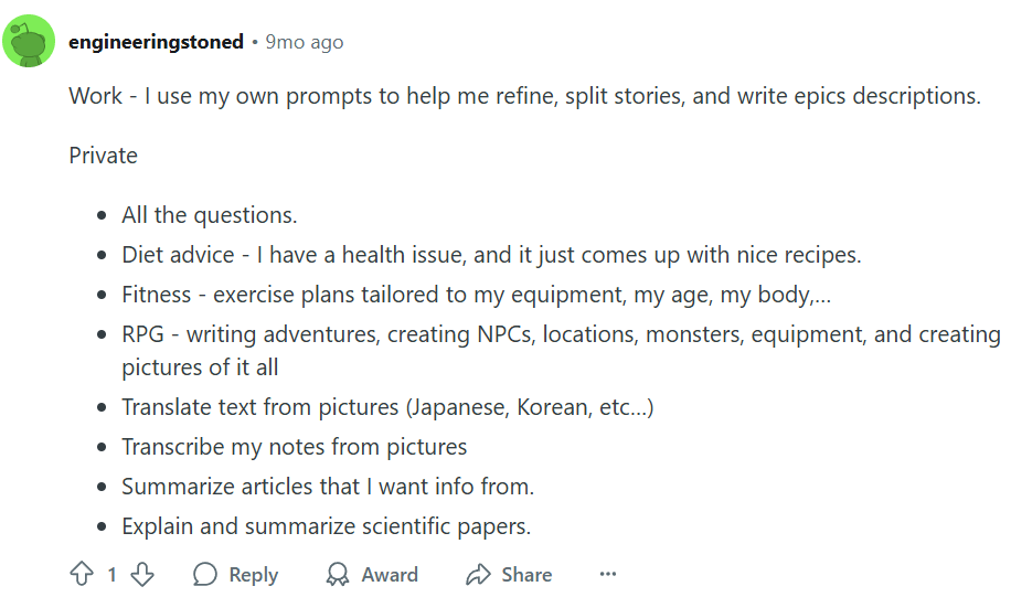 A Reddit user shares where in life they use AI
