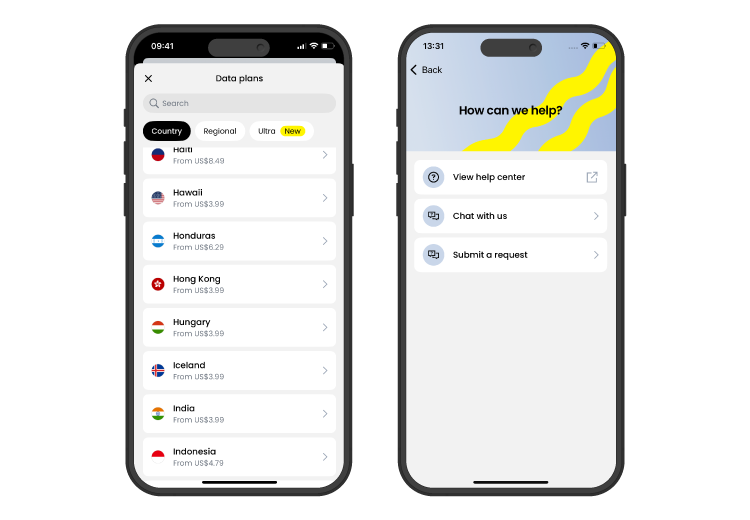 Saily's country list and customer support options for Hungary