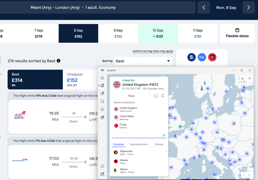 Skyscanner NordVPN UK server
