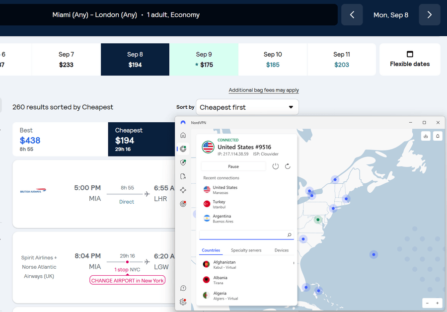 Skyscanner NordVPN US server