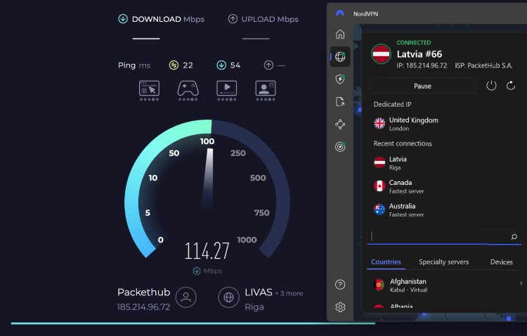 NordVPN speed test results unblocking Rainbet
