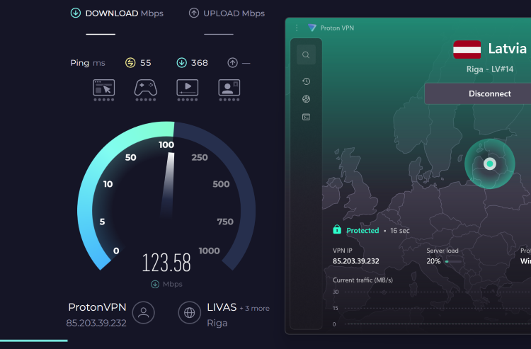 Proton VPN speed test results unblocking Rainbet