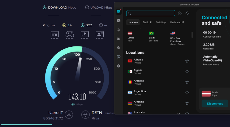 Surfshark's speed test results unblocking Rainbet